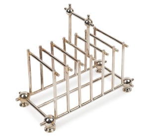 CHRISTOPHER DRESSER antique English silver plated toast rack, 19th century, marks obscured, 17cm high, 18.5cm wide, 10.5cm deep