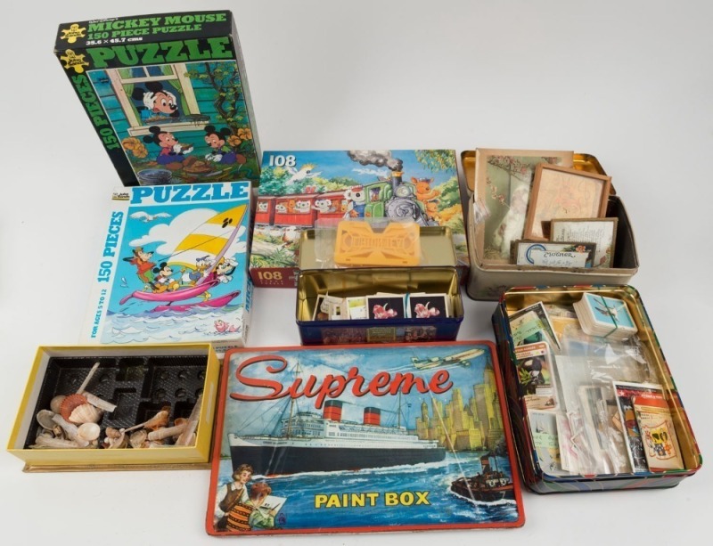 A very diverse collection including Beatrix Potter items, jigsaw puzzles, cards, stereo views and a viewer, shells,  illustrated books, etc. (qty).