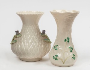 BELLEEK Irish porcelain shamrock vase and a thistle vase, 20th century, green factory mark to bases, 14.5cm and 13.5cm high