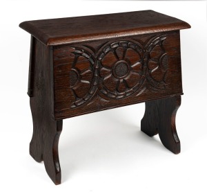 An antique carved oak stool in the Elizabethan style 19th/20th century, ​​​​​​​43cm high x 43cm wide x 22cm deep
