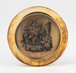 "THE RIVAL EDITORS" sterling silver plaque, 20th century, titled verso with Royal warrant and inscribed "A Fine Etching by Toye Kenning & Spencer Ltd.", 25.5cm diameter, 444 grams