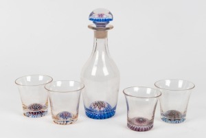 WHITEFRIARS English glass decanter and four matching glasses with millefiori bases, 20th century, the decanter 17cm high