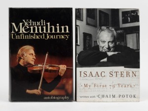 [VIOLINISTS] Yehudi Menuhin, fine signature to the title page of his "Yehudi Menuhin Unfinished Journey" [London : MacDonald & Jane's; 1976] with dust jacket; and, Isaac Stern autographed label affixed to the blank front endpaper of his "Isaac Stern : My 