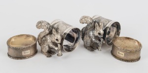 A pair of sterling silver napkin rings (63 grams), together with a pair of silver plated squirrel napkin rings, (4 items), the largest 6cm high