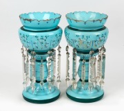 A pair of antique blue glass lustre mantle vases, 19th century, ​​​​​​​35cm high