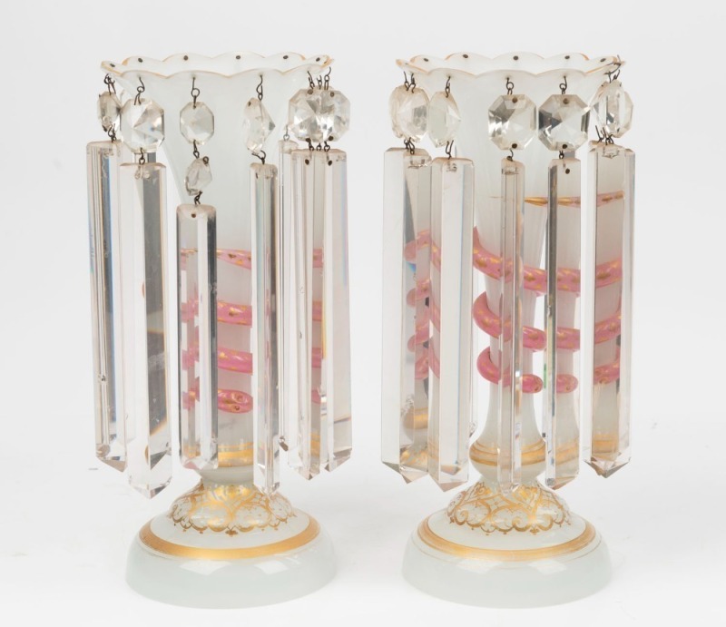 A pair of antique glass lustre mantle vases with red and gilt highlights, 19th century, ​​​​​​​31.5cm high