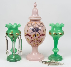 A pair of antique green glass lustres (incomplete), together with a pink glass mantle urn, 19th century, (3 items), ​​​​​​​the urn 48cm high