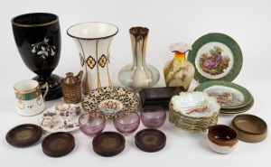 Assorted porcelain plates, wooden coasters, glass and porcelain vases, wooden box, porcelain candle holder, pottery dishes, porcelain mug and glass ware, 19th and 20th century, (27 items), the largest 24.5cm high