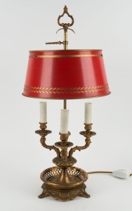 A French gilt metal table lamp with red metal shade, 20th century, ​​​​​​​66cm high overall