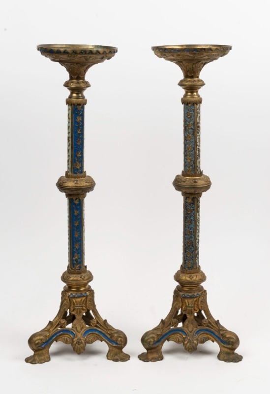 A pair of antique French church candlesticks, gilt metal and blue enamel, 19th century, ​​​​​​​56cm high