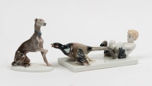 ROSENTHAL German porcelain statuette of a whippet, together with a Continental porcelain statue figural group of a Faun pulling a pheasant by the tail, 20th century, (2 items), the pheasant statue 18cm long