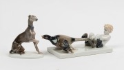 ROSENTHAL German porcelain statuette of a whippet, together with a Continental porcelain statue figural group of a Faun pulling a pheasant by the tail, 20th century, (2 items), ​​​​​​​the pheasant statue 18cm long