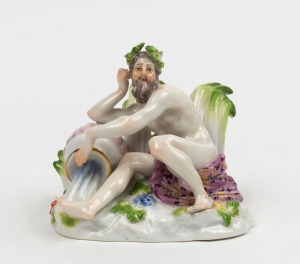 MEISSEN antique German porcelain statue of a seated man with water pot and laurel wreath, 18th/19th century, crossed swords mark to base, 7.5cm high, 8cm wide