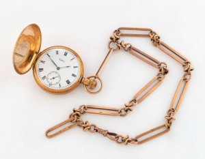 WALTHAM 18ct gold full hunter, crown wind pocket watch, with an antique 15ct rose gold Albert fob chain, 19th century, ​​​​​​​the watch 5cm high overall, the chain approximately 34 grams