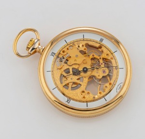 A skeleton pocket watch in gold plated case, with crown wind and Arabic quarters, 20th century, ​​​​​​​7cm high overall