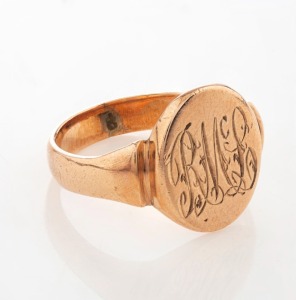 An antique 9ct rose gold signet ring with monogram, 19th/20th century, stamped "9ct", ​​​​​​​5 grams total