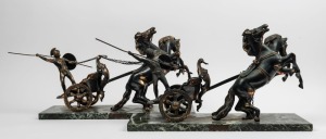 A pair of Classical Greek style chariot, horses and warrior statues, patinated cast metal on green marble bases, 20th century, each 27cm high, 46cm long