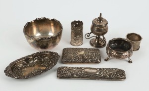Sterling silver table lighter, bowl, salt cellar, napkin ring, dish, vanity lids, etc, 19th and 20th century, (8 items), 370 grams total