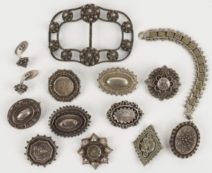 Antique and vintage silver brooches, locket, chain, buckle and cufflinks, 19th and early 20th century, the buckle 9cm wide, 125 grams total