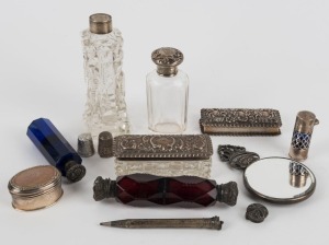 Assorted scent bottles, thimbles, vanity jars, pill box, hand mirror and pencil, 19th and 20th century, (12 items), the larger scent bottle 12cm long