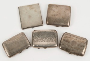 Five assorted antique and vintage sterling silver cigarette cases including one with a sapphire clasp, 19th and 20th century, the largest 9cm wide