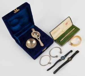 Two silver bangles, costume jewellery bangle, two costume watches, pen in box and tea strainer in box, 20th century, (7 items)