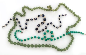 Three beaded necklaces including glass, jade, turquoise and lapis, 20th century, the jade example 104cm long