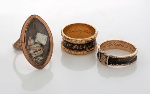 Three antique mourning rings, comprising of an 18ct gold and black enamel example (6.5 grams), a 15ct gold example with remnants of enamel (3.2 grams), and a rose gold plated example, 19th century, (3 items),