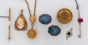 "OLD LAURISTONIAN" 9ct gold brooch, antique gold fob on chain, two gold bar brooches, white gold ring with stones, 9ct gold mounted cameo pendant, and a pair of silver and opal earrings, 19th and 20th century, (7 items), approximately 20+ grams gold weigh