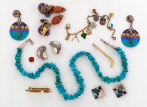 North American turquoise necklace (49cm long, three pairs of earrings, a charm bracelet, and two bar brooches, 20th century, (7 items)