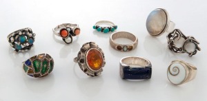 Ten assorted silver rings set with stones and enamel, 20th century,
