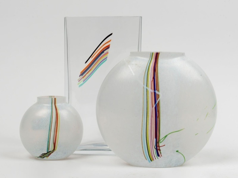 KOSTA BODA group of three art glass "Rainbow" vases by BERTIL VALLIEN, all signed "Vallien",  ​​​​​​​the largest 29cm high 