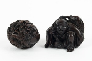 NETSUKE, two Japanese carved boxwood examples, Showa period, 20th century, ​​​​​​​the larger 4cm wide