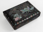 An antique Chinese sewing box with inlaid mother of pearl decoration, Qing Dynasty, late 19th century, interior fitted with lift-out tray, ​​​​​​​13.5cm high, 36cm wide, 25cm deep