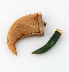 A tiger claw pendant mounted in 9ct gold, together with a jade pendant mounted in gold, (2 items), the larger 3.8cm high