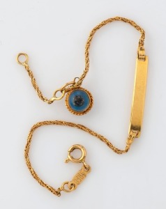 Gold bracelet with evil eye glass charm, 3.3 grams total