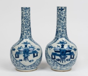 A pair of antique Chinese blue and white bottle vases, Qing Dynasty, 19th century, ​​​​​​​underglaze four character mark to base, 20.5cm high