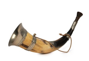 A Scottish hunting horn with silver finished mounts, mid 19th century, 30cm long