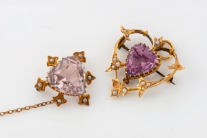 Two antique 9ct and 15ct gold brooches, both set with purple stones and seed pearls, 19th century, the larger 3.2cm high, 11.3 grams total