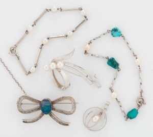 Five assorted pieces of silver jewellery, set with pearls, opal and turquoise, 20th century,