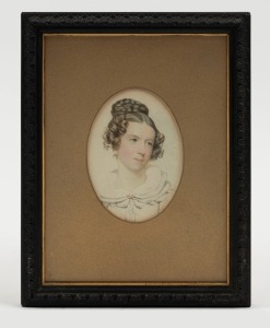 ARTIST UNKNOWN (19th century British),  Portrait of a young lady,  watercolour,  10.5cm x 8cm, 23cm x 18cm overall