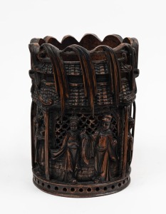 An antique Chinese brush pot, carved bamboo, Qing Dynasty, 19th/20th century, 20cm high