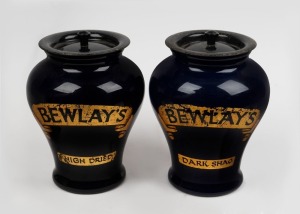 DOULTON LAMBETH pair of antique English tobacco jars made for BEWLAY'S, late 19th century, impressed mark "Doulton Lambeth, England", 21.5cm high