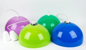 A vintage set of four coloured acrylic hanging light shades, 36cm wide