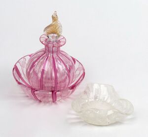 Latticino Murano glass perfume bottle, bowl and dish, (3 items), the two pink examples with original foil labels "Murano, Venezia, Made in Italy", the bottle 12cm high