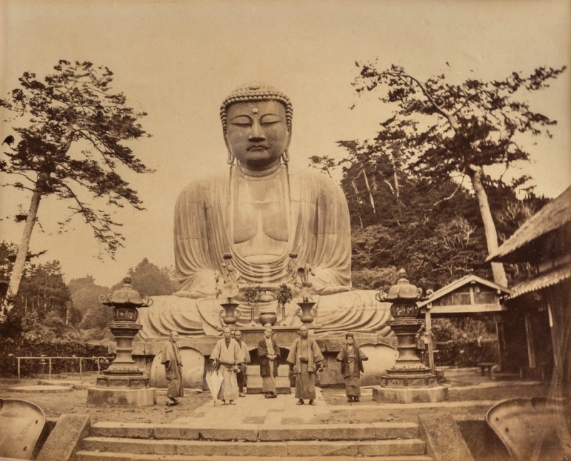 Photographer Unknown, "​​​​​​​Daibatsu, near Tokio, Yokohama", albumen paper photograph, circa 1870s, laid down on titled album leaf, 21 x 27cm.