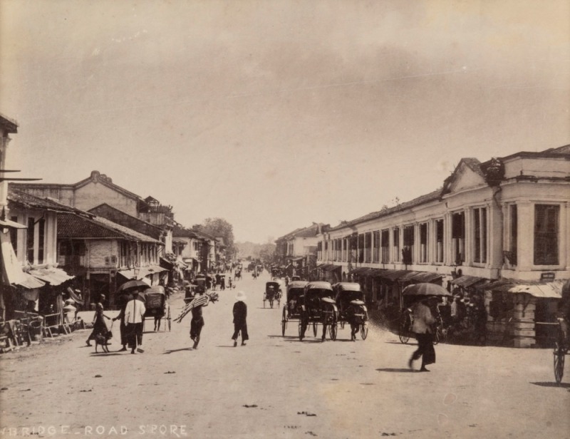 Photographer Unknown, "Newbridge Road, S'pore", albumen paper print, circa 1880s, titled in the plate, 16 x 21.5cm, laid down to album page.