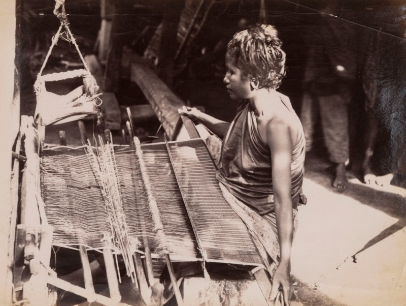 GUSTAVE RICHARD LAMBERT ASIA: albumen paper prints, circa 1880s, one depicts a female mat maker, the other titled "Javanese Hadju"; photographer’s blind stamp on images at lower right, approx. 20.5 x 27.5cm & 28 x 21cm. (2).