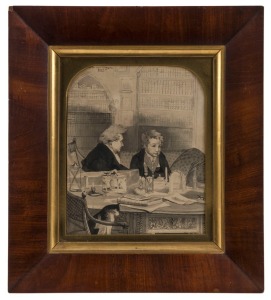 THE TWO LADIES OF LLANGOLLEN watercolour, pen and ink, titled "The Two Ladies of Llangollen, Ponsonby + Butler" at upper left, in a contemporary mahogany frame with gilt slip, 21.5 x 17.5cm; overall 34 x 30cm.