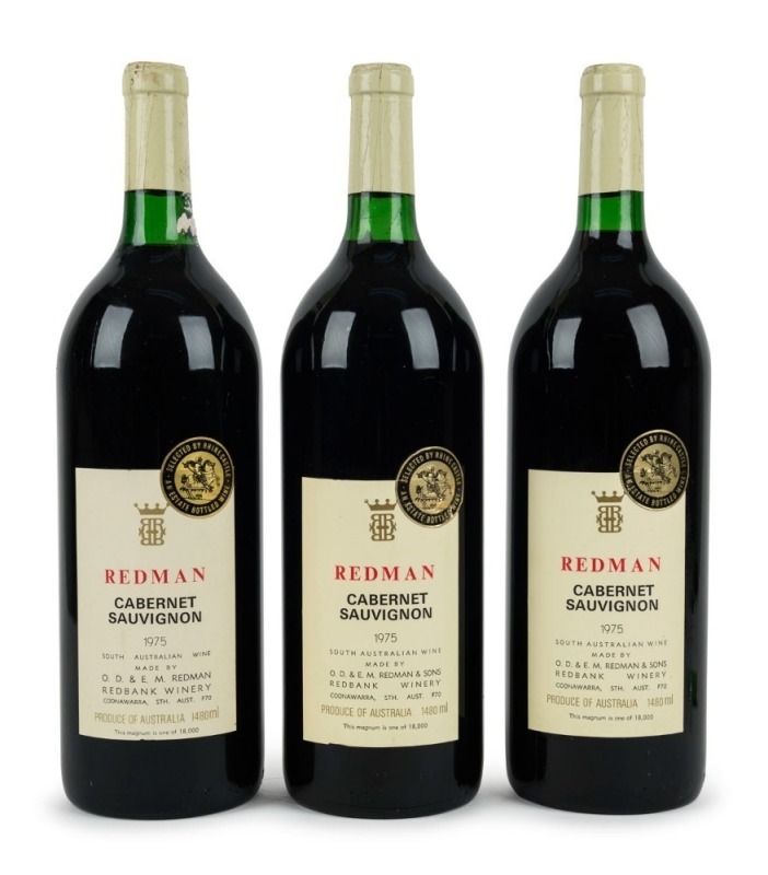 1975 Redman Cabernet Sauvignon, Coonawarra, South Australia, 1500mL. (3 magnums)